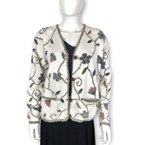 Nomadic Traders Handknit Cardigan White Blue Floral Cottagecore Sweater S/M